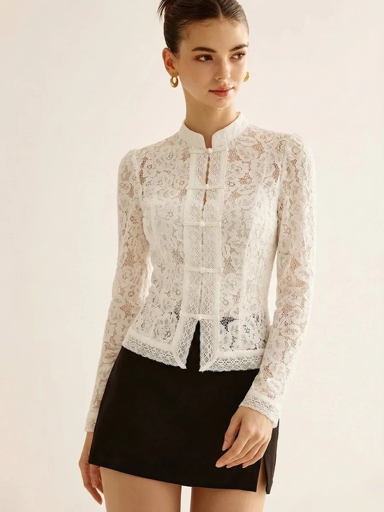 Commense Tops - Commense Frog Closure Lace Mandarin Collar Blouse